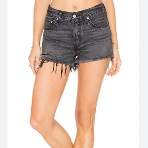 Levi’s 501 Jean Shorts In Slashed Black Cutoff Distressed Fray Hem